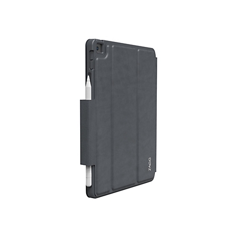 Étui iPad gris foncé avec porte-stylet et stylo. Logo "ZAGG" sur l'étui.