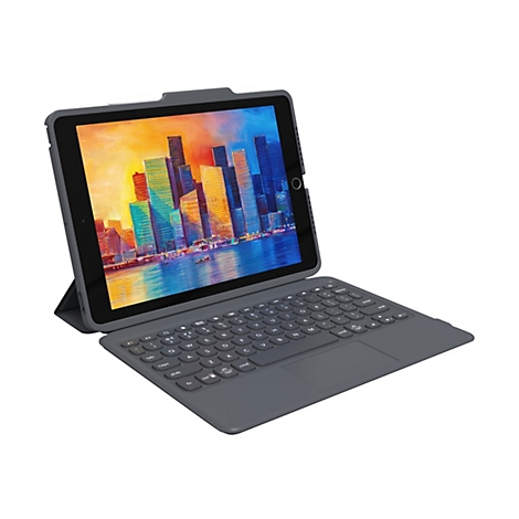 Tablette gris foncé avec clavier et stylet. L'écran affiche un paysage urbain coloré.