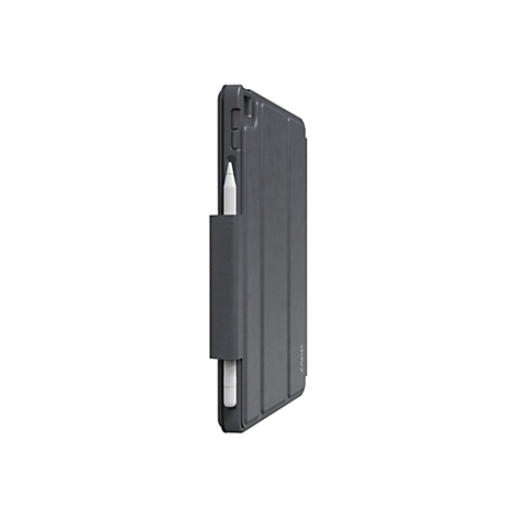 Étui pour iPad gris foncé avec un support pour un stylo blanc, partiellement visible. L'étui est fermé et a une surface lisse.