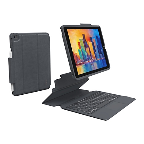 Étui iPad gris avec clavier intégré et support pour stylet. L'écran affiche une image d'un paysage urbain.