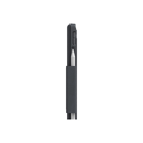 Gros plan d'une tablette anthracite avec un stylo blanc inséré dans un support.