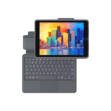 Ein graues Tablet mit einer Tastaturhülle, auf dem Display ist ein Gemälde von Wolkenkratzern in bunten Farben zu sehen.