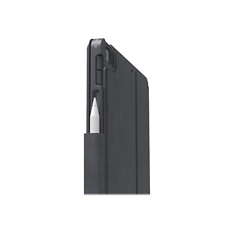 Dunkelgraue Tablet-Hülle mit integriertem Stifthalter, in dem ein weißer Stift steckt.
