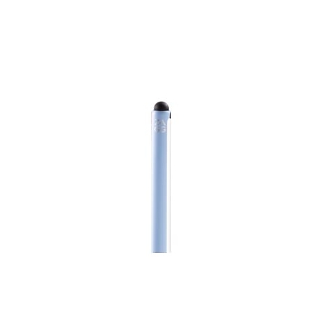 Blaues Stift-Stylus-Detail, schwarze Spitze, hellblauer Schaft, weiÃŸer Hintergrund.