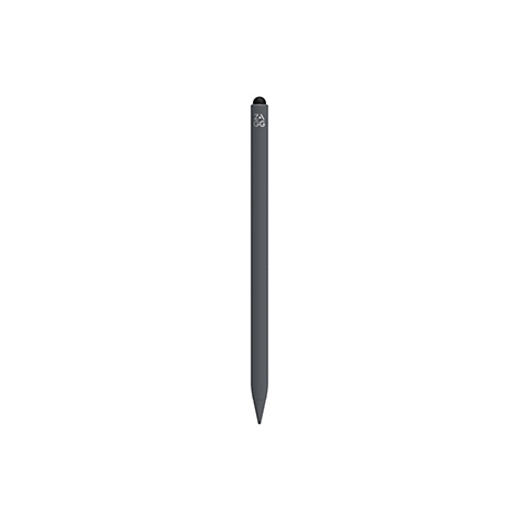 Grauer Stylus-Stift mit schwarzer Spitze und ZAGG-Logo. Der Stift ist auf weißem Hintergrund platziert.