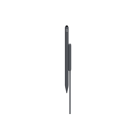 Ein grauer, digitaler Stift mit schwarzer Spitze und dem ZAGG-Logo. Der Stift hat eine Halterung und Kabel.