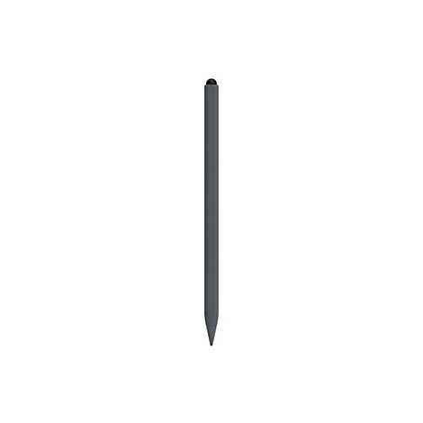 Grauer Stylus-Stift auf weißem Hintergrund. Die Spitze ist spitz und dunkelgrau, das obere Ende hat einen schwarzen Knopf.