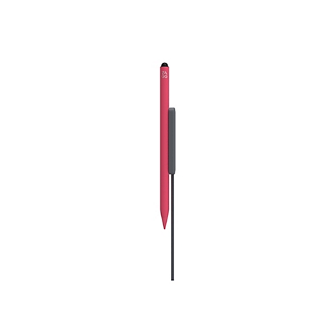 Ein roter Stift mit schwarzer Spitze und Halterung, der auf weißem Hintergrund steht.
