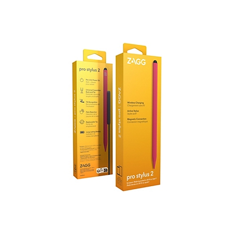 Aufnahme von zwei gelben Verpackungen für einen pinkfarbenen ZAGG Pro Stylus 2. Beide Boxen zeigen den Stift und verschiedene Produktmerkmale.