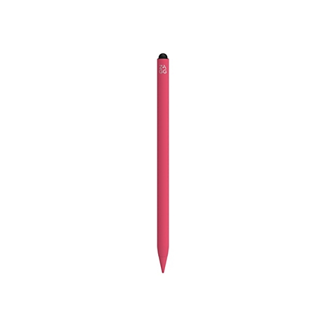 Ein pinkfarbener Stylus-Stift steht vor einem weißen Hintergrund. Auf dem Stift steht das Logo "ZAGG". Der Stift hat eine schwarze Spitze.