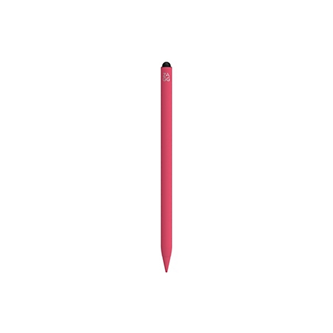Ein roter Stylus-Stift auf weißem Hintergrund. Der Stift hat ein schwarzes Ende und eine Schrift auf dem Stift.