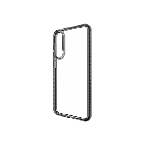 Durchsichtige Handyhülle mit schwarzem Rand vor weißem Hintergrund. Die Hülle umrandet das Smartphone. Der Rand der Hülle hat eine strukturierte Oberfläche.