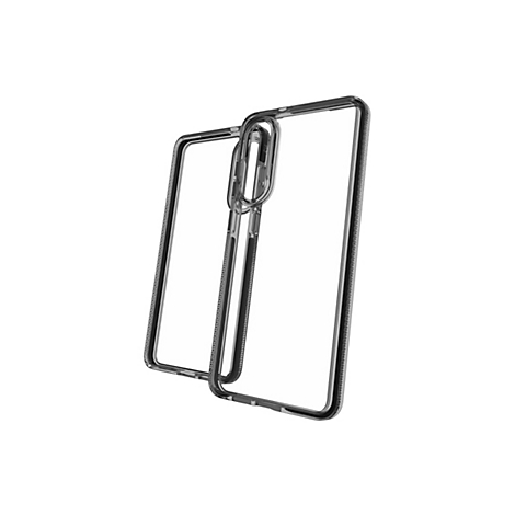 Durchsichtige Handyhülle mit schwarzem Rand. Links und rechts ist die Hülle mit einem Muster versehen, die Ränder sind abgerundet.