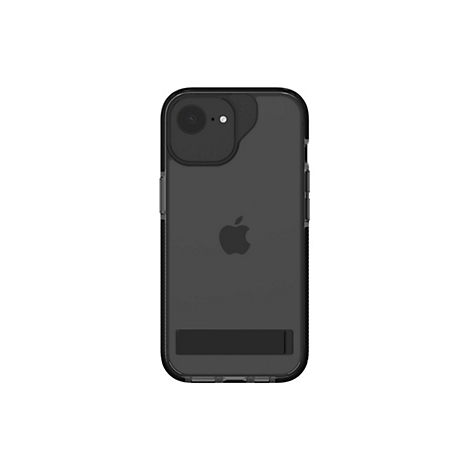 Ein schwarzes iPhone mit schwarzer Hülle, Kamerabereich und Standfuß. Apfel-Logo.