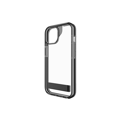 Coque de téléphone transparente avec support noir. L'étui est moulé autour du smartphone, montrant les boutons et les découpes.