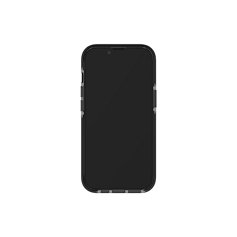 Smartphone dans un étui de protection noir sur fond blanc.