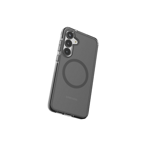 Durchsichtige Handyhülle für ein Smartphone, mit Kamera und MagSafe-Kreis auf der Rückseite. Das Logo "Samsung" ist sichtbar.