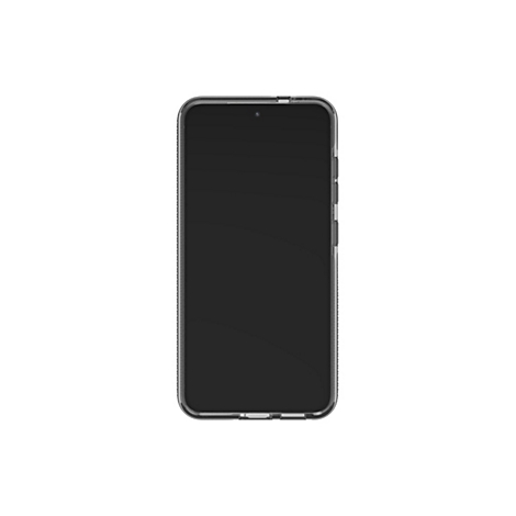 Smartphone in einer durchsichtigen Schutzhülle, auf weißem Hintergrund.