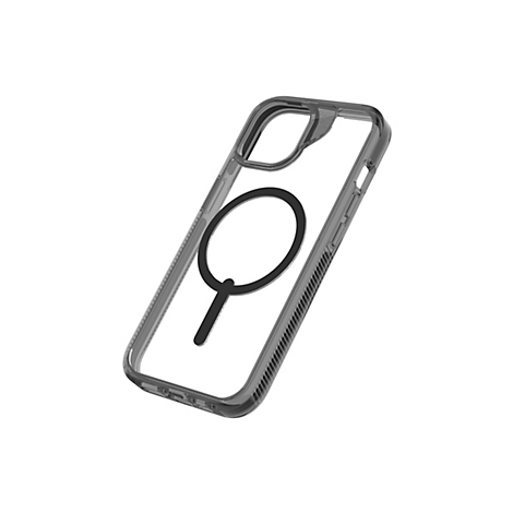 Durchsichtige Handyhülle mit Magnetring. Sie liegt diagonal auf weißem Grund. Die Hülle hat abgerundete Ecken und leicht erhöhte Kanten.