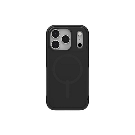 Coque de téléphone noire avec MagSafe, autour de l'élément caméra de l'iPhone, sur fond blanc.