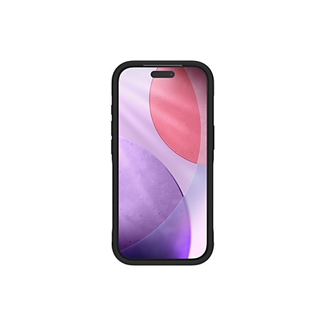 Smartphone noir avec coque de protection sur fond blanc. Sur l'écran : formes violettes et roses.