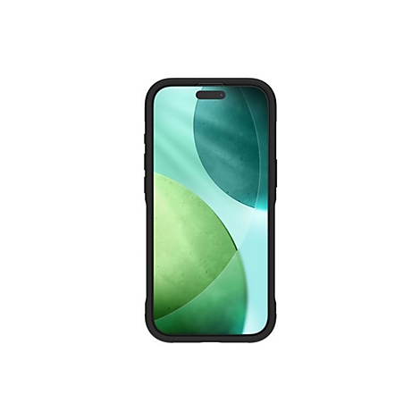 Smartphone noir avec coque de protection. L'écran affiche des tons verts et bleus. Sur fond blanc.
