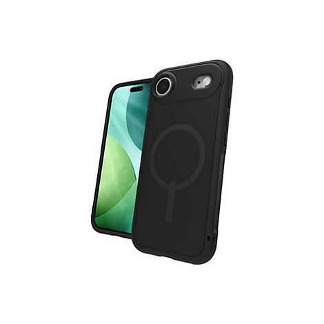 iPhone noir avec coque et cercle MagSafe.