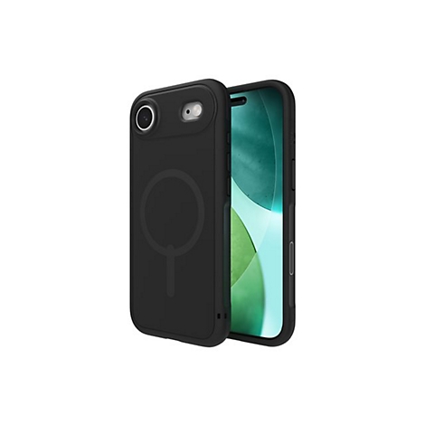 Coque de téléphone noire avec découpe pour appareil photo et symbole MagSafe. À côté, un iPhone.