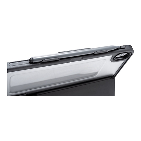 Detailaufnahme einer schwarzen iPad-Hülle mit einem grauen Stift. Der Stift ist in eine Halterung an der Oberseite der Hülle eingesetzt.