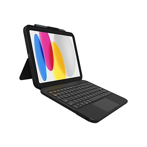 Schwarzes Tablet mit Tastatur, aufgestellt. Bildschirm zeigt farbigen Hintergrund. Gut erkennbare Tastatur mit Touchpad.