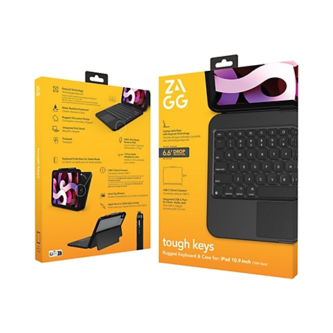 Schwarze Tastatur-Hülle für ein iPad, abgebildet auf einem weißen Hintergrund. Die Hülle hat eine Tastatur mit Trackpad und einen Stifthalter.