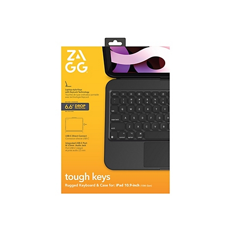 Schwarze Tastatur für ein iPad, mit Logo und Produktbezeichnung.