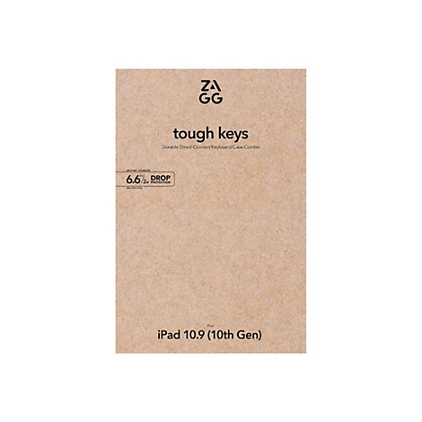Produktverpackung der Tough Keys Tastatur-Hülle für das iPad 10.9 der 10. Generation. Auf braunem Hintergrund Text in schwarz.
