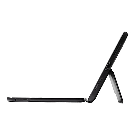 Schwarzes Tablet-Case, geöffnet, Seitenansicht, Ständerfunktion. Oben Lautsprecher, Knöpfe.