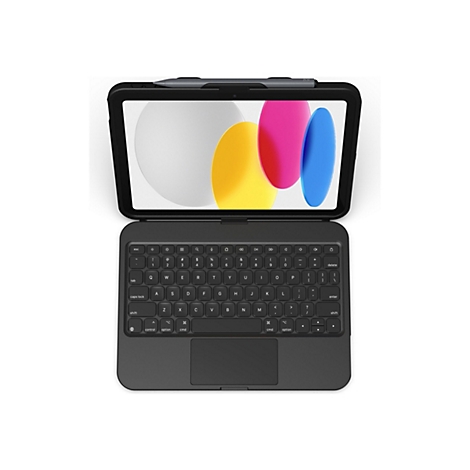 Draufsicht auf ein schwarzes Tablet mit einem Tastatur-Case. Auf dem Display sind farbige Formen zu sehen. Ein Stift liegt am oberen Rand.