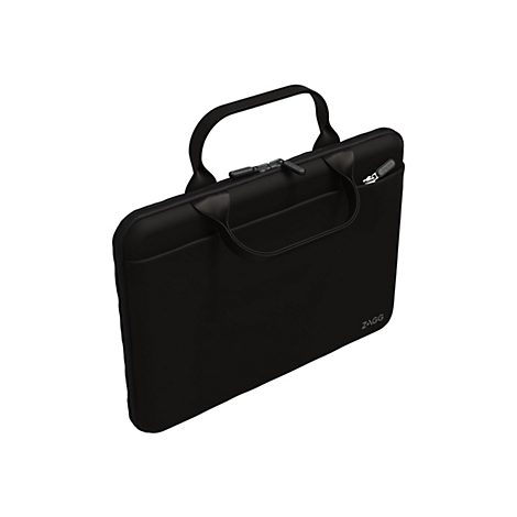 Eine schwarze Laptoptasche mit Griff und Reißverschluss. Auf der Tasche sind die Logos von ZAGG zu sehen.
