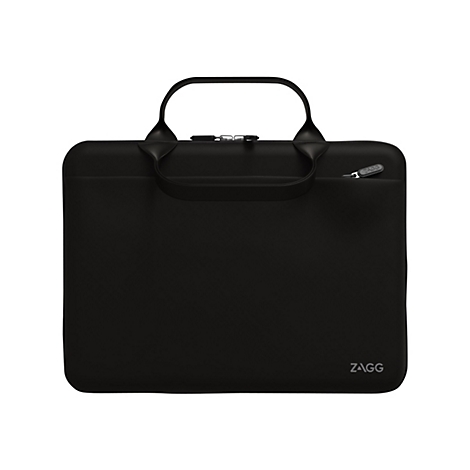 Schwarze Laptoptasche mit Tragegriff und Reißverschluss. Die Marke ZAGG ist sichtbar.
