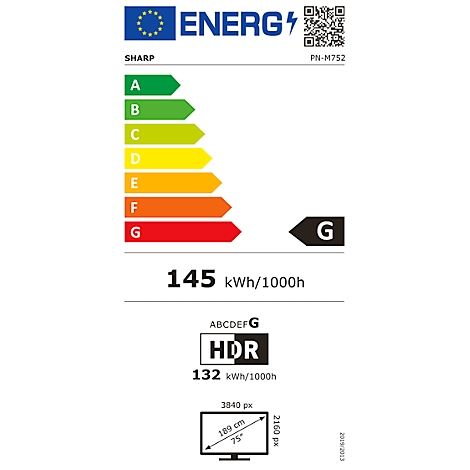 Energielabel van een tv. Energie-efficiëntieklasse G, 145 kWh/1000h. HDR, 132 kWh/1000h. Schermdiagonaal: 75 inch (189 cm).