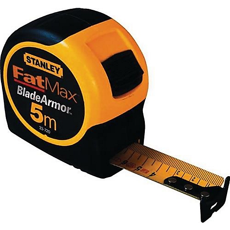 Geel en zwart Stanley FatMax meetlint, 5 m, met uitgetrokken meetlint.