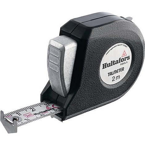 Zwart meetlint met het meetlint gedeeltelijk uitgetrokken. De zijkant leest "Hultafors TOOLS TALMETER 2m".