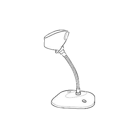 Dessin en noir et blanc d'un lecteur de codes-barres avec un col incurvé et une base ovale.