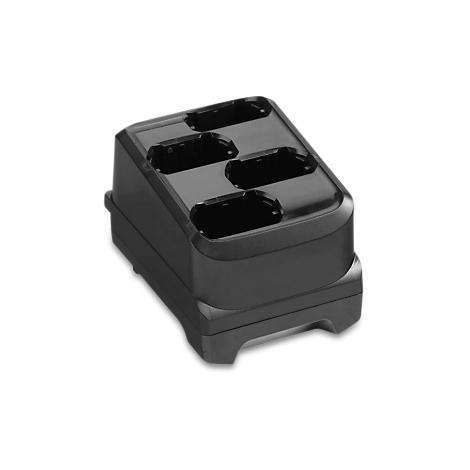 Schwarze Ladestation mit fünf Aussparungen für Akkus, leicht von oben gesehen.