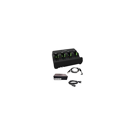 Schwarze Ladestation mit vier Schächten, Zubehör wie Netzteil und Kabel.