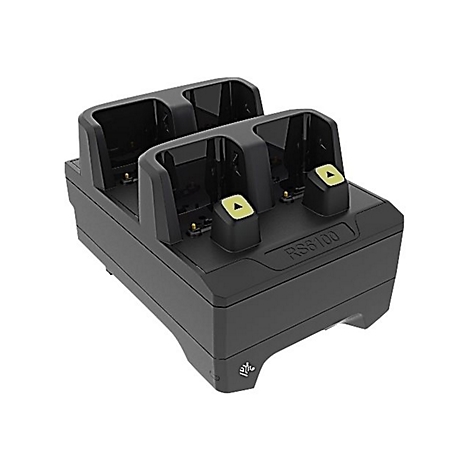 Schwarze Ladestation mit zwei Vertiefungen und gelben Knöpfen, Aufschrift RS6100. Das Gerät ist vor weißem Hintergrund abgebildet.