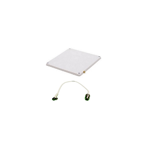 Rechteckige, weiße Antenne mit kleiner Antenne und Kabel.