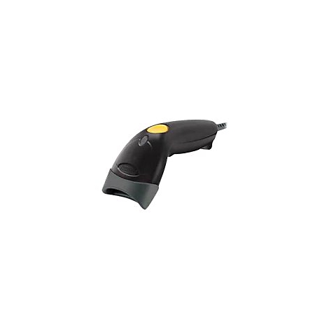 Scanner de codes-barres noir avec bouton jaune et poignée grise, posé sur fond blanc.