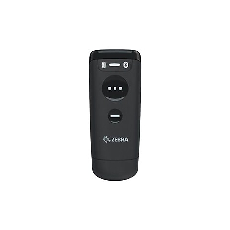 Un appareil Zebra noir avec des boutons et trois points blancs. Symboles de batterie et Bluetooth en haut.