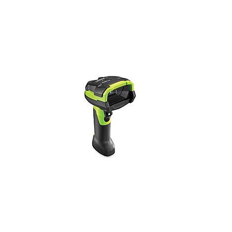 Scanner de codes-barres noir et vert avec poignée sur fond blanc.
