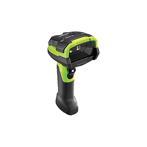 Scanner de codes-barres portable, noir et vert. L'appareil est doté d'une poignée, d'une tête de scanner et d'un logo Zebra.