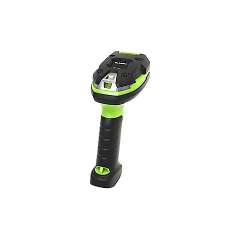 Scanner de codes-barres portable, noir et vert, avec poignée ergonomique et logo de l'entreprise.